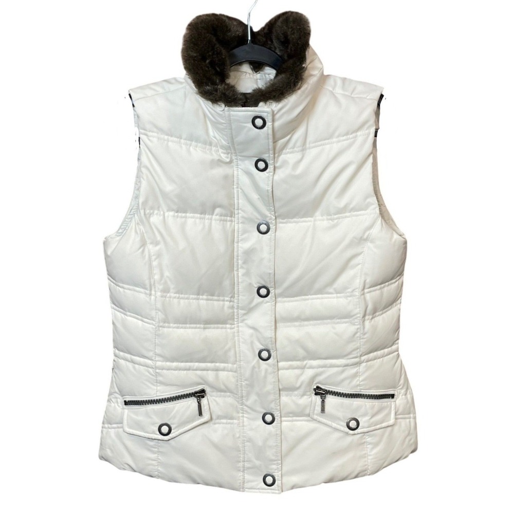 Eddie Bauer White 700 Fill Down Faux Fur Collar Puffer Vest Womens Size M